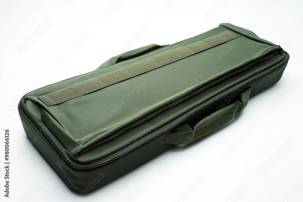 Green weapon case on white background designed for luxury storage and transport of a hunting rifle Green weapon case on white background designed for luxury storage and transport of a hunting rifle