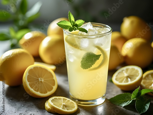 Refreshing lemon mint drink served in a tall glass with fresh lemons and mint leaves in a cozy kitchen setting