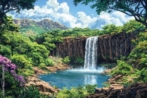 Tranquil Waterfall Plunging into a Serene Pool in a Lush Tropical Forest
