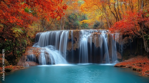 Serene Waterfall in Autumn Forest