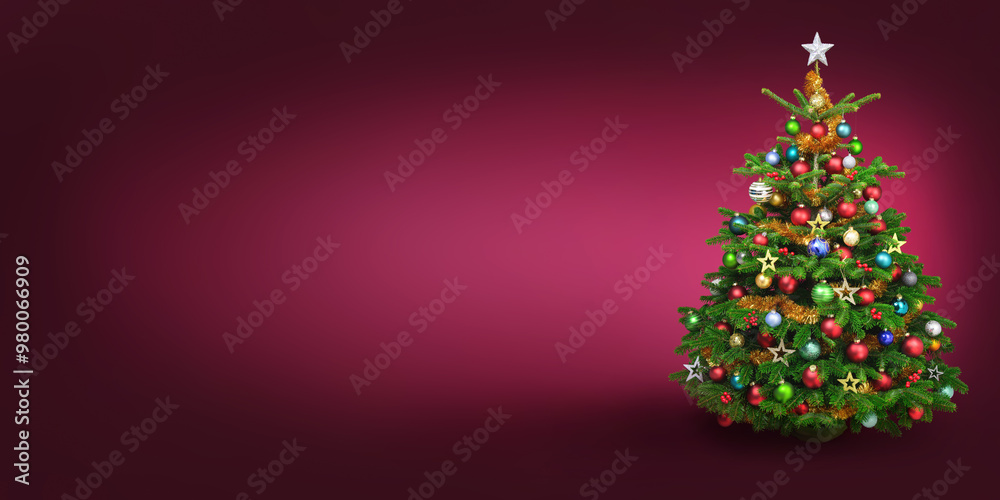 Gorgeous decorated Christmas tree on a wide vignetted dark burgundy background. A stylish simple design with lots of free space for your visual elements