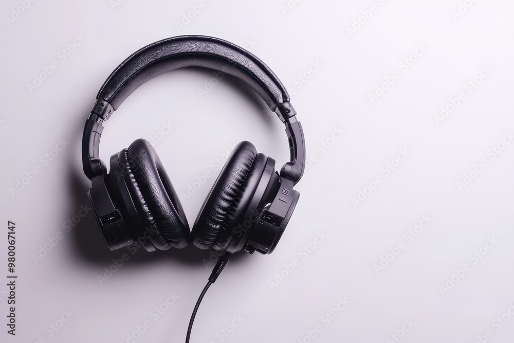 Fototapeta premium Headphones for computers Black on white background Listening to music audio creation Abstract minimalist depiction of computer work