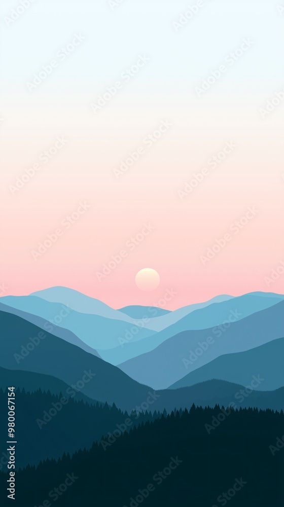 Minimalistic mobile phone wallpaper featuring a landscape of mountains and sky in teal and orange hues, capturing the magical light of dawn or dusk with soft pastel colors Minimalistic mobile phone wallpaper featuring a landscape of mountains and sky in teal and orange hues, capturing the magical light of dawn or dusk with soft pastel colors
