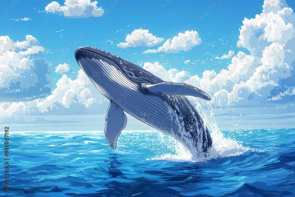 Fototapeta premium Humpback Whale Leaping from the Ocean with White Clouds in the Background