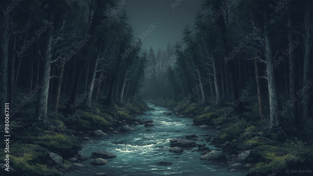 Fototapeta premium dark forest minimalist illustration eerie scary background