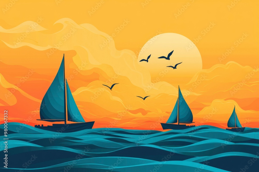 Fototapeta premium Sailboats on a Blue Ocean at Sunset