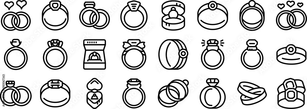 Rings engagement icons set. Wedding ring icons set. Outline set of wedding ring vector icons for web design isolated on white background Rings engagement icons set. Wedding ring icons set. Outline set of wedding ring vector icons for web design isolated on white background