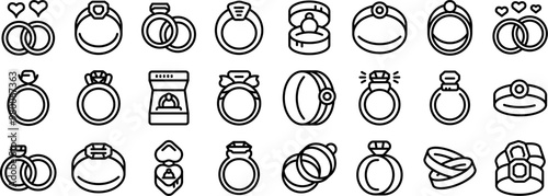 Rings engagement icons set. Wedding ring icons set. Outline set of wedding ring vector icons for web design isolated on white background
