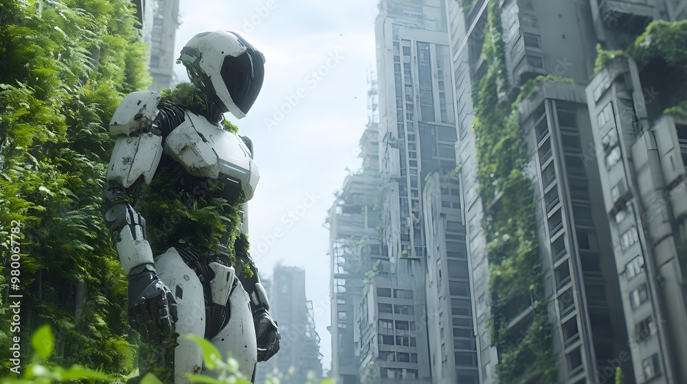 A futuristic robot strides through a desolate city, now overtaken by nature. Skyscrapers are crumbling, vines creeping up buildings, blending metal with greenery A futuristic robot strides through a desolate city, now overtaken by nature. Skyscrapers are crumbling, vines creeping up buildings, blending metal with greenery