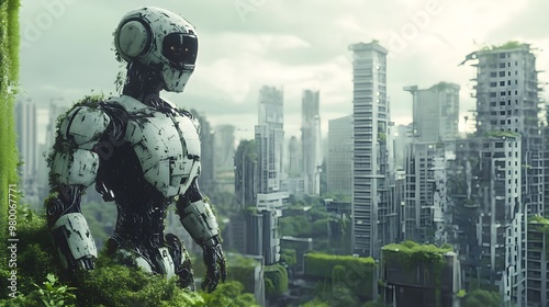 A futuristic robot walking through a post-apocalyptic urban landscape overgrown with plants