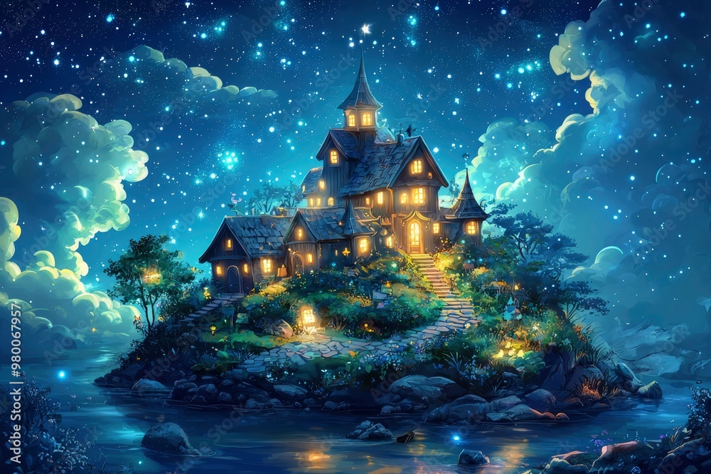 A Magical House on an Island Under a Starry Night Sky A Magical House on an Island Under a Starry Night Sky