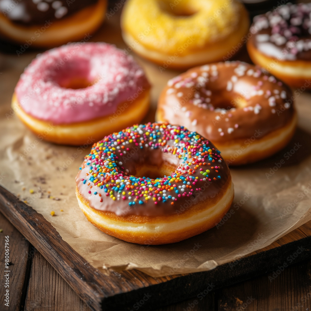 Baked donuts on wood table