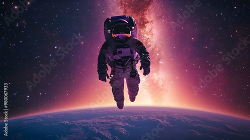 A lone astronaut suspended in space, with Earth below and the vibrant Milky Way glowing above, stars twinkling in a stunning celestial scene photo