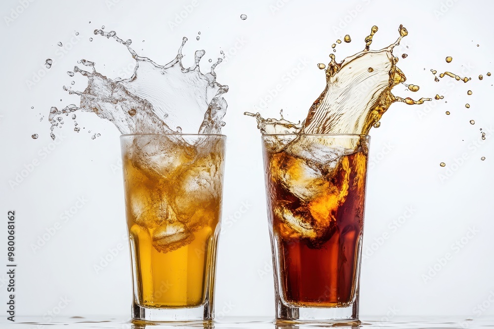 Iced coffee and tea splash from a tall glass against a white backdrop captured in high speed motion Iced coffee and tea splash from a tall glass against a white backdrop captured in high speed motion