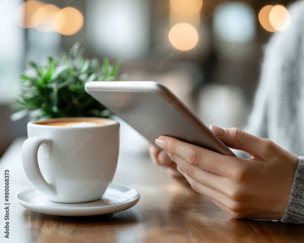 A cozy cafe scene featuring a cup of coffee and a hand holding a smartphone, perfect for lifestyle and technology themes. A cozy cafe scene featuring a cup of coffee and a hand holding a smartphone, perfect for lifestyle and technology themes.