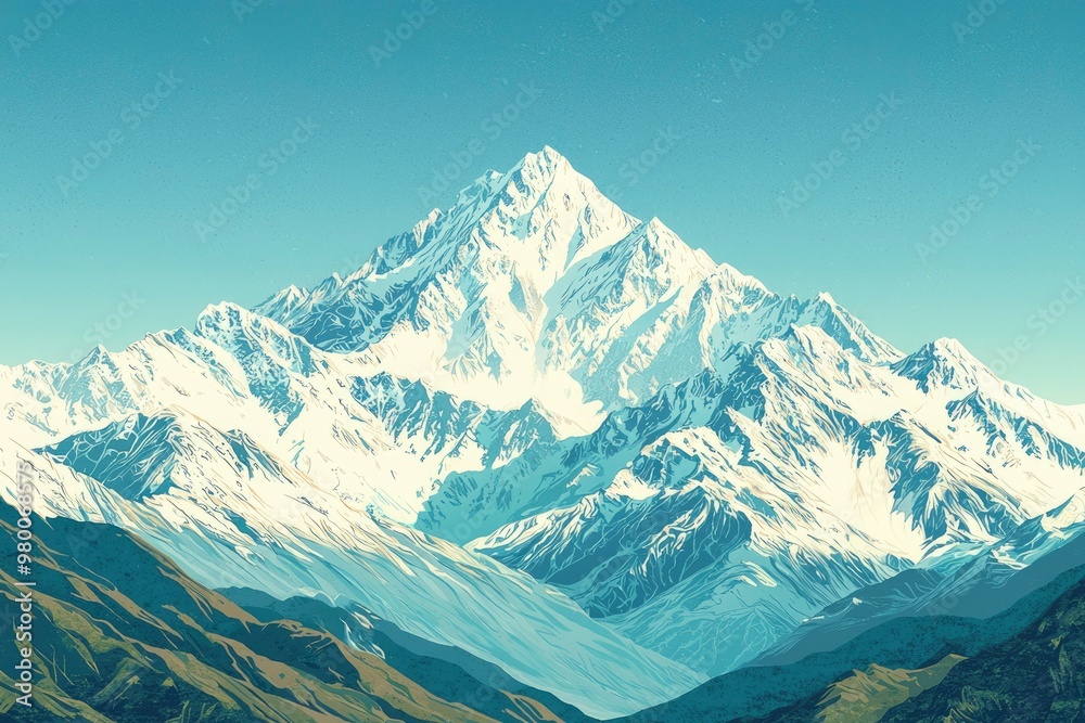 Fototapeta premium Majestic Snowy Mountain Peak with Lush Green Foothills