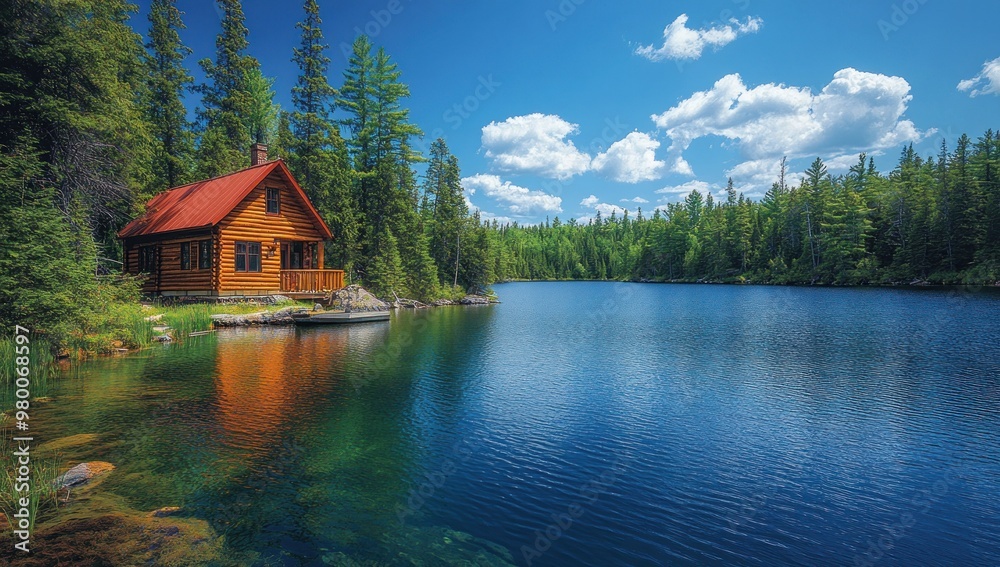 Fototapeta premium Cabin by the Lake in a Forest
