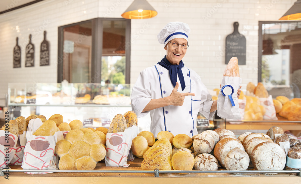 Baker holding a loaf of bread with an award ribbon for best taste Baker holding a loaf of bread with an award ribbon for best taste