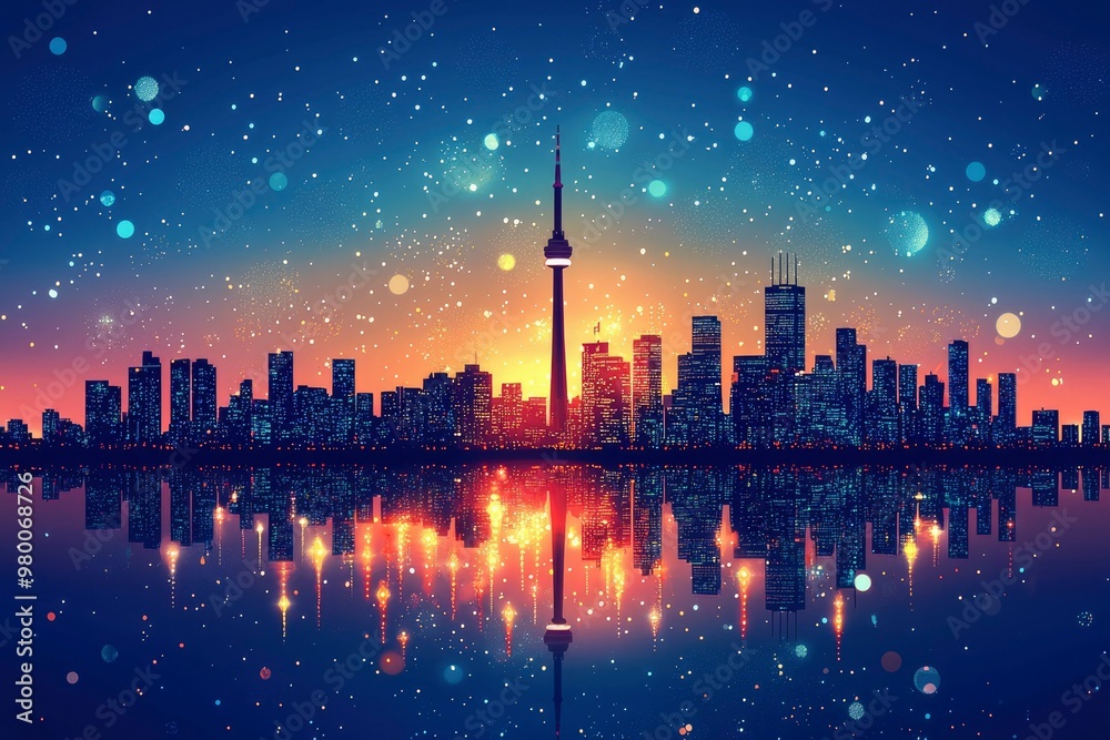 City Skyline with Fireworks Reflected in Water City Skyline with Fireworks Reflected in Water