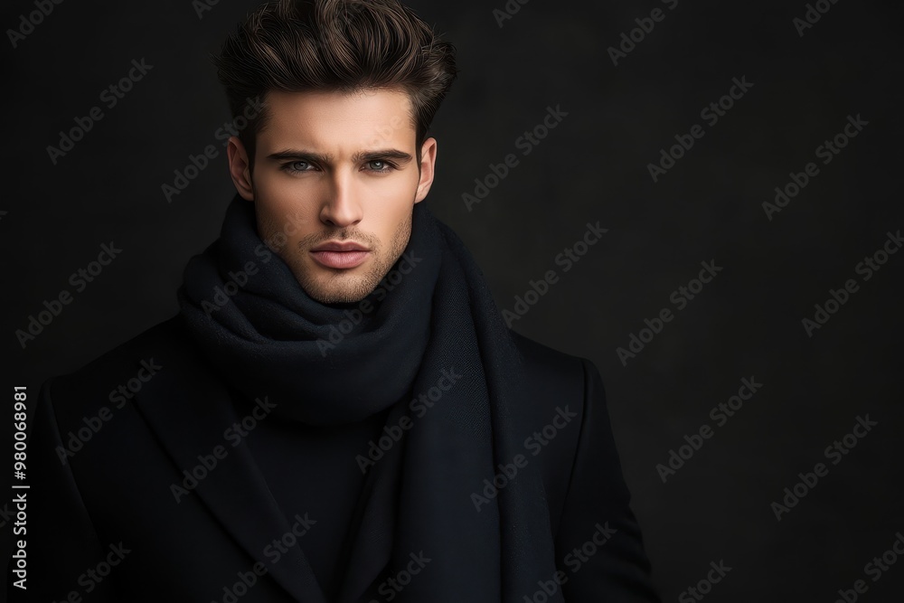 Image of a male fashion model dressed in chic black attire with a scarf Image of a male fashion model dressed in chic black attire with a scarf