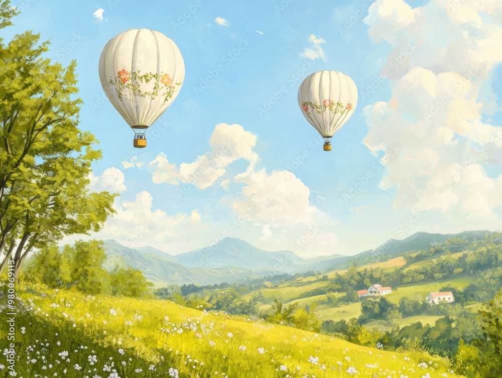 Naklejka premium A serene landscape featuring colorful hot air balloons soaring over green fields and distant mountains under a bright blue sky.