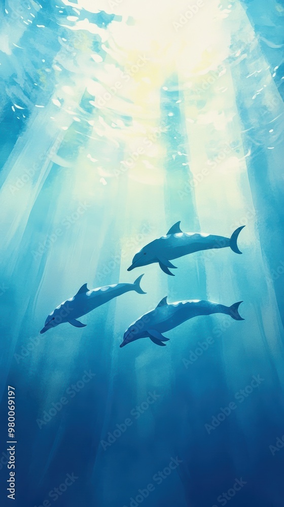 Obraz premium A serene underwater scene featuring three dolphins gracefully swimming under beams of sunlight, creating a tranquil atmosphere.