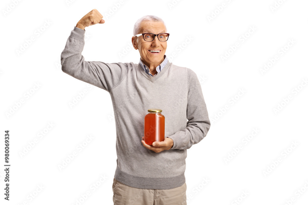 String elderly man holding a honey jar String elderly man holding a honey jar
