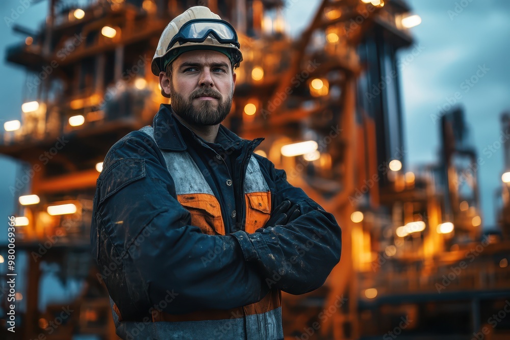 Image of an oil worker in safety gear in front of a drilling rig facing the camera Image of an oil worker in safety gear in front of a drilling rig facing the camera