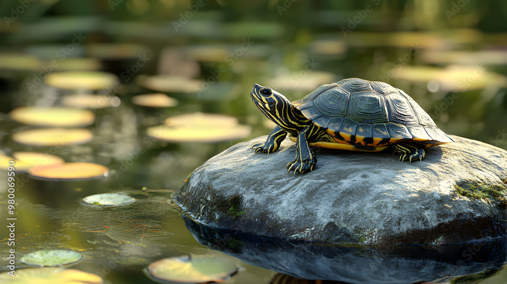 Fototapeta premium Turtle resting on a rock in a simple pond.