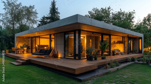 Contemporary modular home with geometric concrete facades, complemented by a warm wooden deck, ideal for outdoor seating and relaxation
