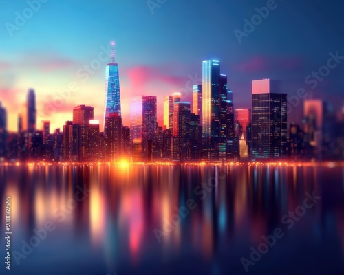 A vibrant city skyline at sunset, showcasing modern skyscrapers and colorful reflections on calm water.