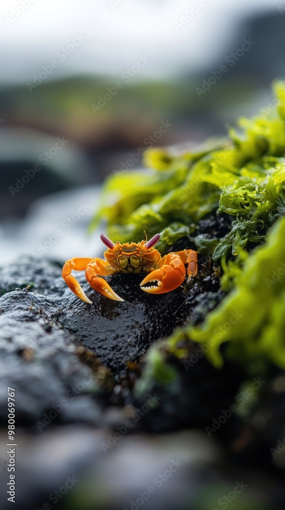 Fototapeta premium A vibrant orange crab perched on a rocky surface decorated with lush green moss, showcasing coastal nature's beauty.