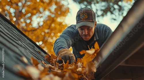 A person cleaning leaves from a roof gutter during autumn, emphasizing seasonal roof maintenance. photo