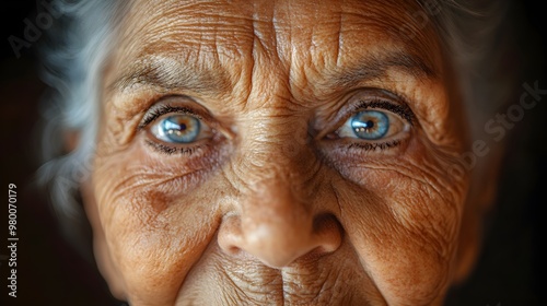 A close-up portrait of an elderly woman with wrinkles telling stories of a lifetime