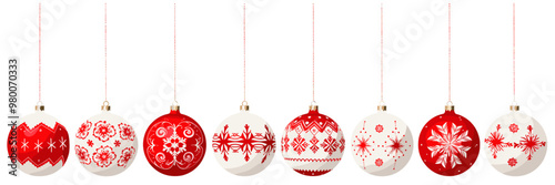 Red and white illustration of Christmas ball ornaments hanging