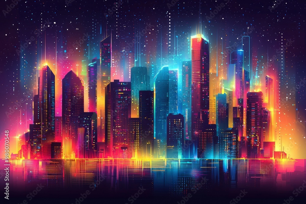 Futuristic City Skyline with Neon Lights and Reflections