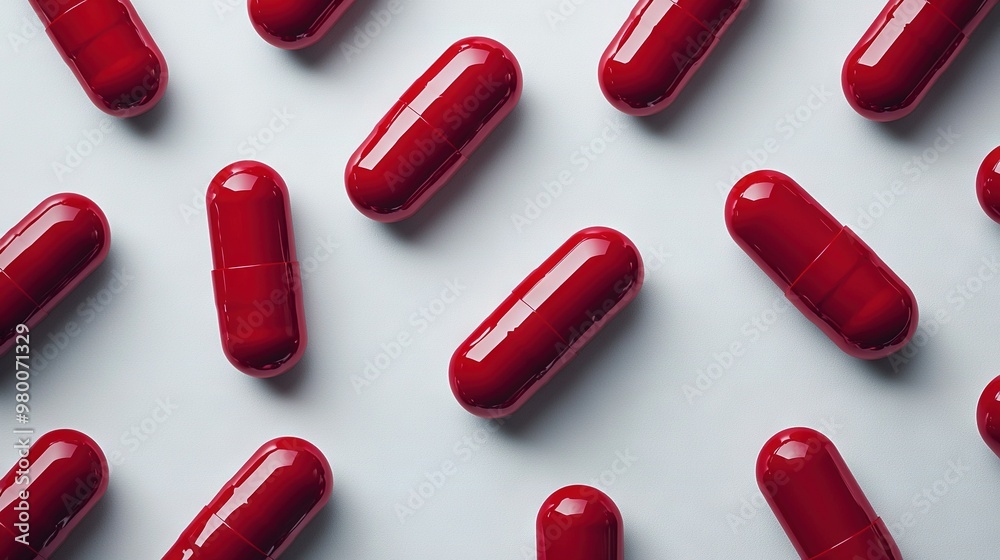   A stack of red pills resting on a white table beside it on a white background