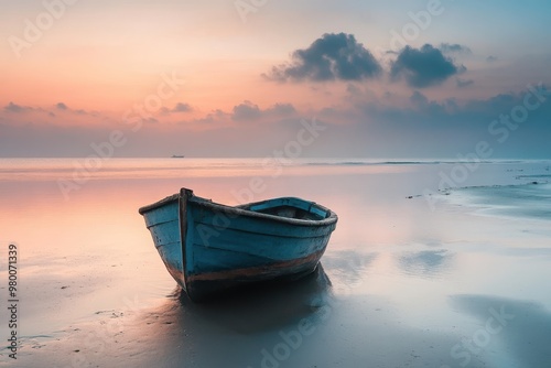 isolated vessel at dawn shore