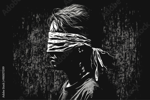Mental health illustration banner. Man wearing blindfold over black background