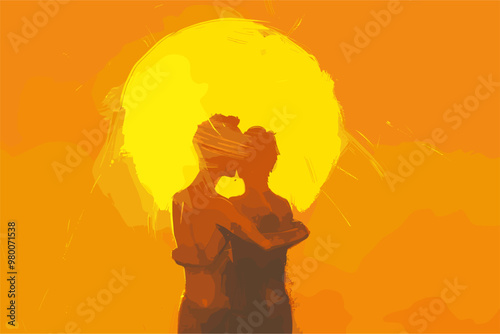 Watercolor digital illustration of two people embracing each other watching the sunset