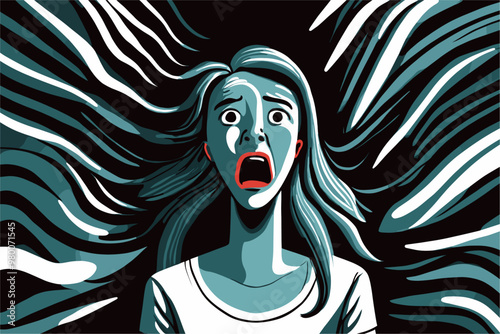 Female afraid and frightened. Mental health, panic attack, anxiety concept