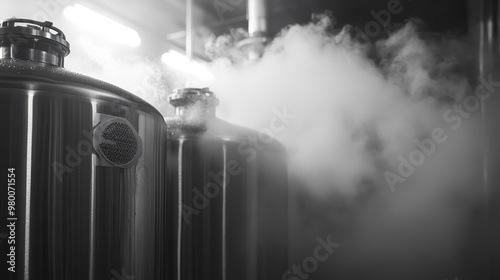 Close-up of a stainless steel tank containing liquid nitrogen, ethereal mist gently rising, the chill of the environment contrasted with soft lighting photo