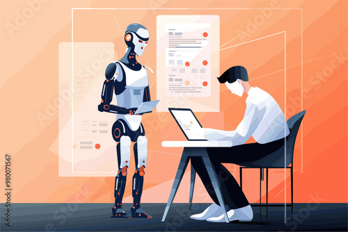 Humanoid robot taking exams to boy at university. Flat design illustration