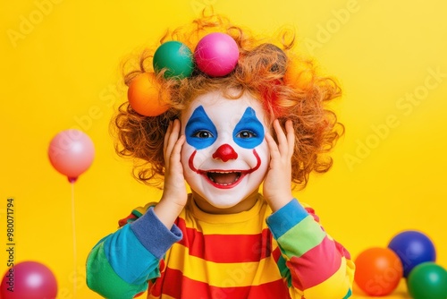 Joyful child clown with decorations on yellow backdrop Birthday and April Fool s theme