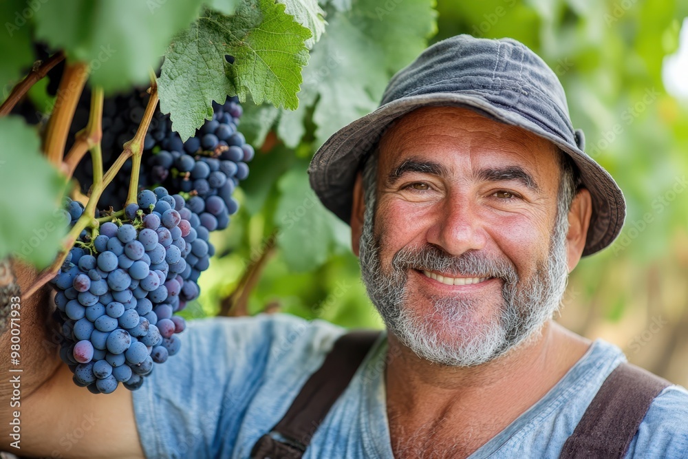 Obraz premium Joyful man with grapes in a vineyard during harvest involving fresh produce and winemaking Farmer with fruit in an outdoor agricultural setting