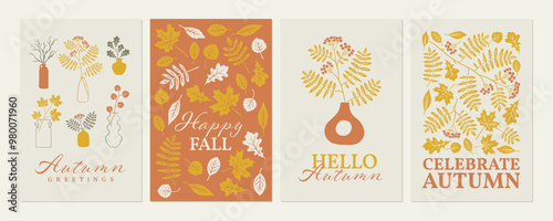 Autumn greetings card set. Modern holiday background with table decor, vases, fall leaves and branches. Decorative posters with hand drawn illustration.