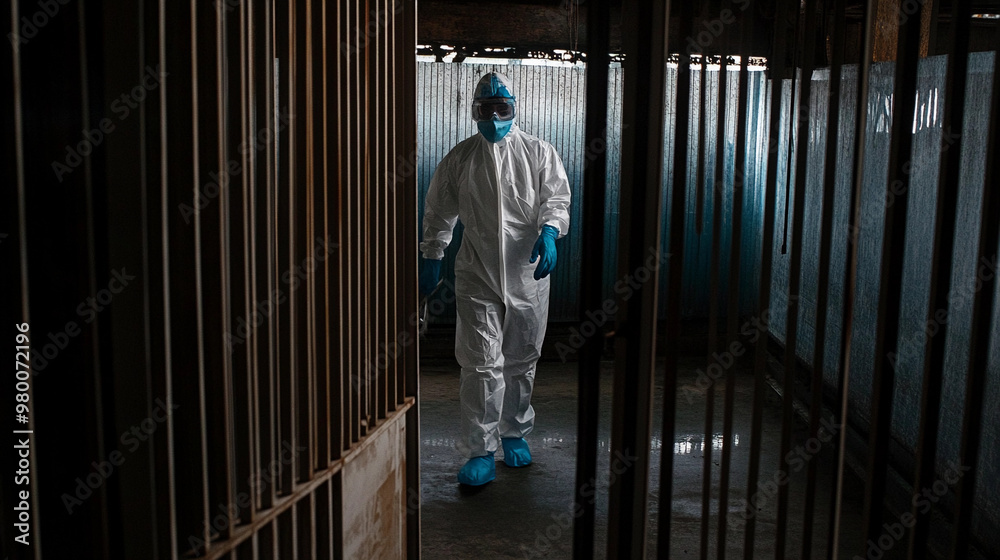 Industrial Worker Exposed to Lead Hazard - A factory worker in full protective gear operates machinery in a hazardous environment with potential lead exposure. Industrial Worker Exposed to Lead Hazard - A factory worker in full protective gear operates machinery in a hazardous environment with potential lead exposure.
