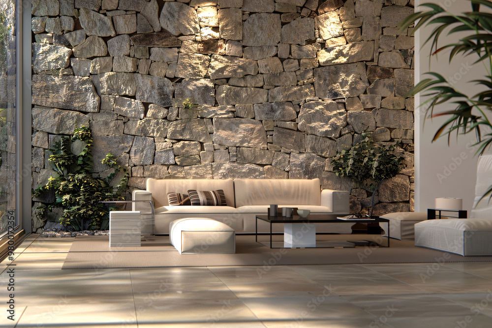 Modern living room with stone wall, white sofa, and plants. Generative Ai Modern living room with stone wall, white sofa, and plants. Generative Ai