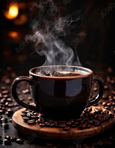 A steaming cup of hot coffee placed on a wooden surface, surrounded by scattered roasted coffee beans. The dark, moody setting adds warmth and coziness, making it perfect for coffee-related themes or