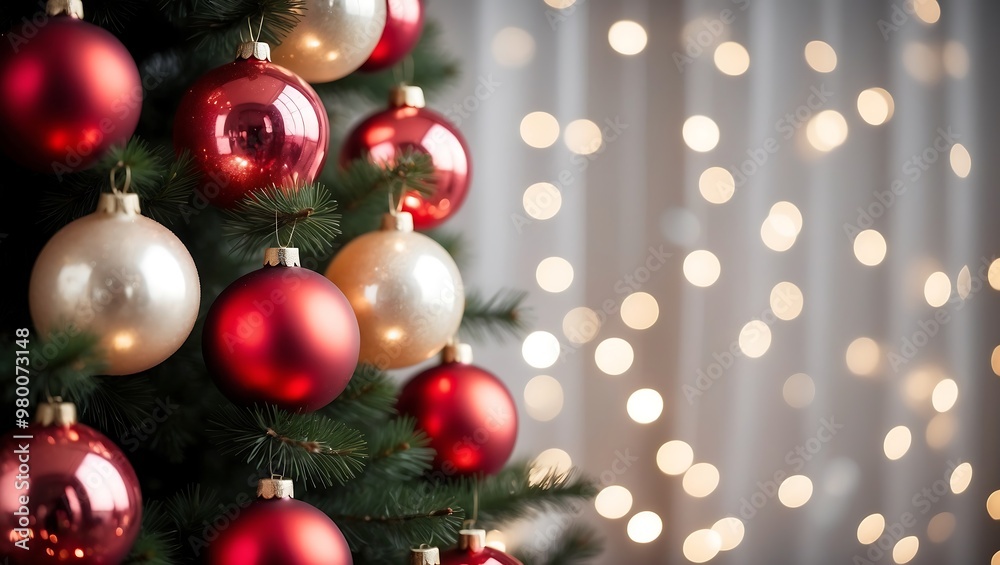 Elegant Red Christmas Ornaments on Tree with Soft Bokeh Lights Elegant Red Christmas Ornaments on Tree with Soft Bokeh Lights